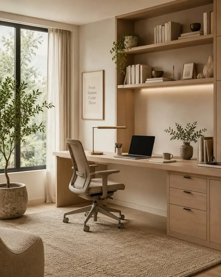 Referência de home office claro com marcenaria e vegetação