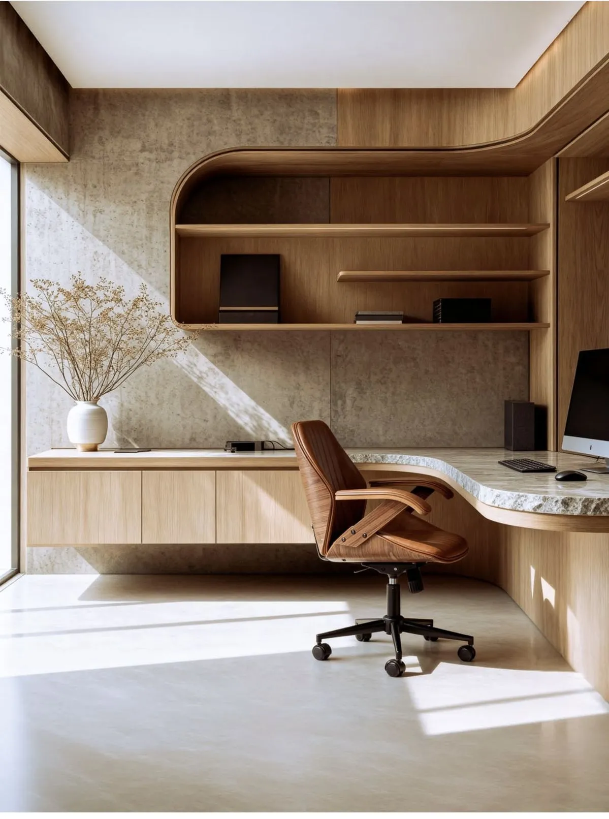 Referência de home office com marcenaria curva em madeira
