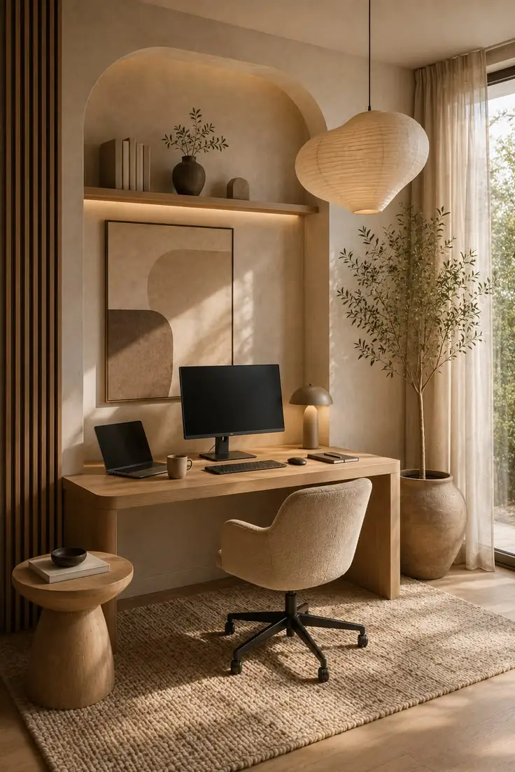 Referência de home office com tons quentes e iluminação indireta