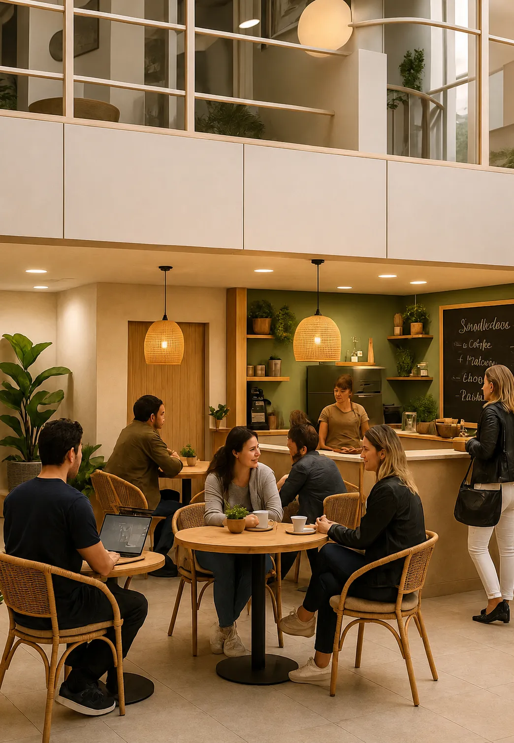 Café e coworking com pessoas utilizando o espaço