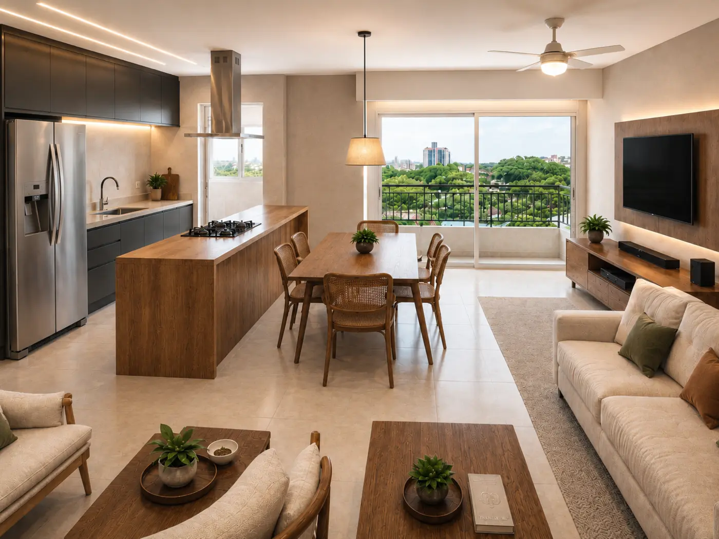 Ambiente residencial integrado com cozinha, jantar e estar