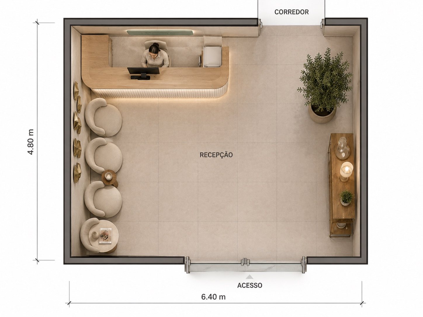 Planta humanizada da recepção após o direcionamento arquitetônico